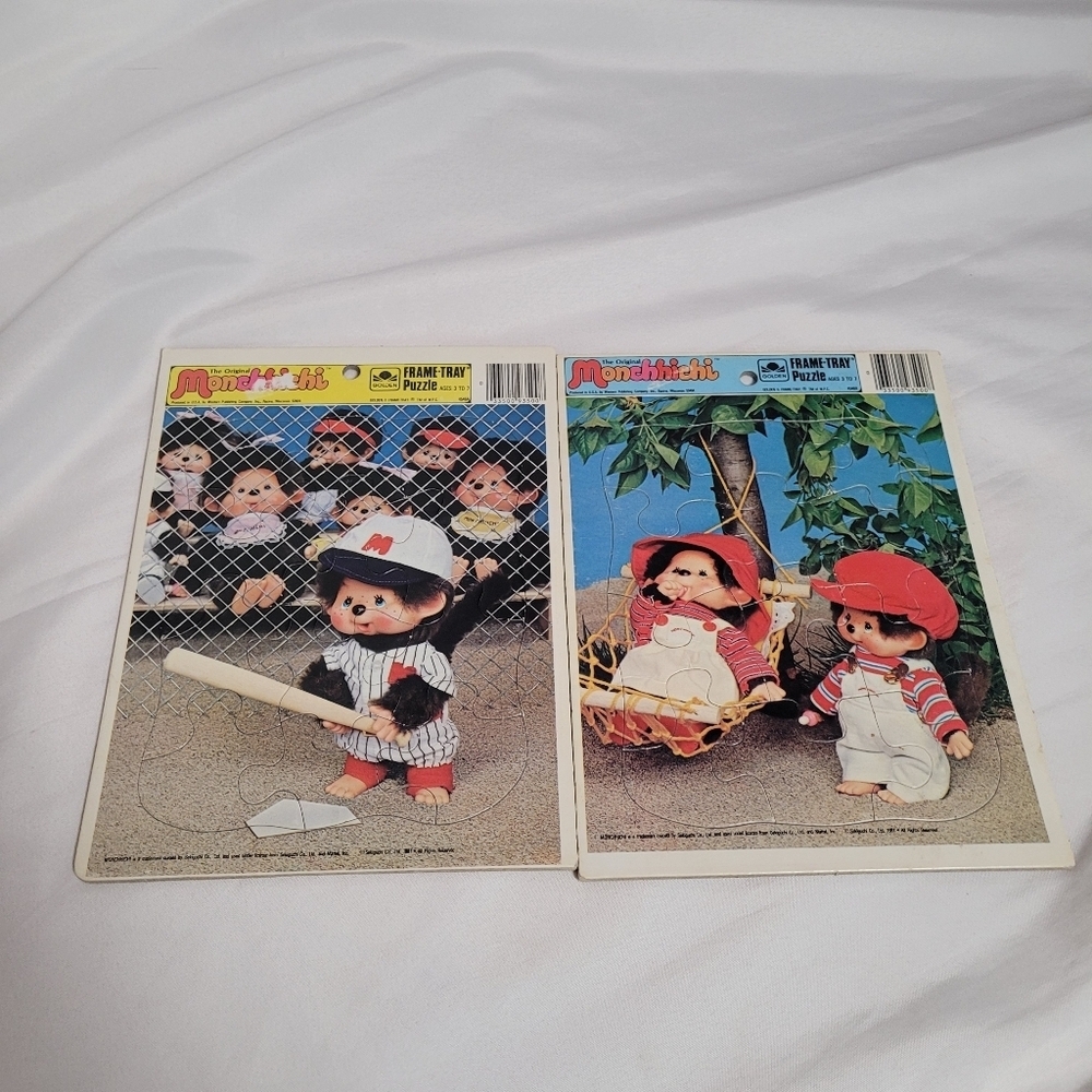Vintage 80's Monchhichi Golden Frame Tray Puzzle Lot Of 2